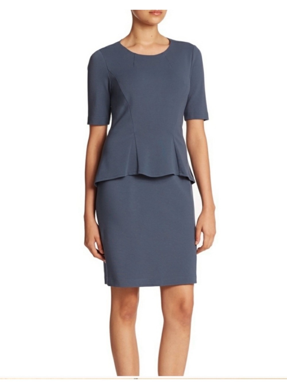 Lafayette 148 New York Blue Peplum Stretch Ponte Knit Dress Sz 16 Career Classic